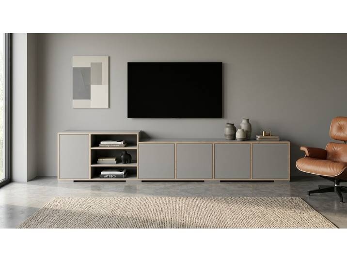 Asymmetrisches, breites Sideboard nach Maß Premium Dekore Grau Multiplex Kante