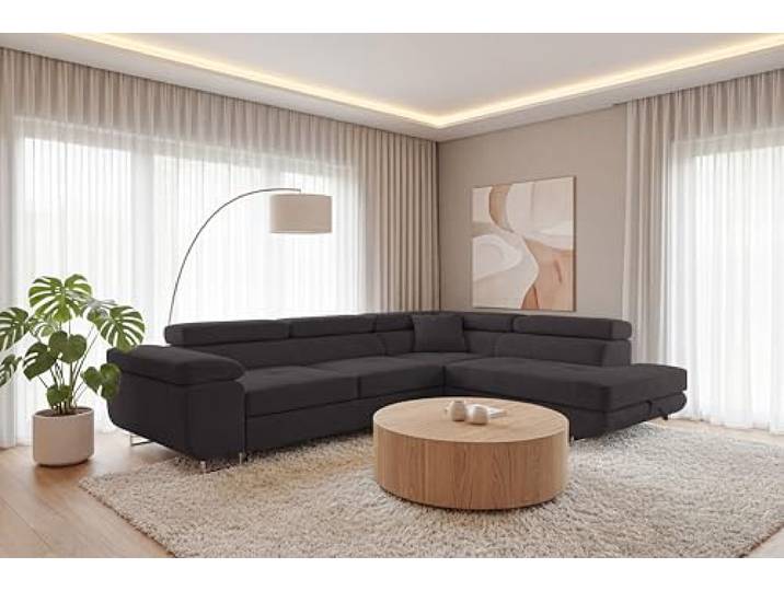 SOFILAND Ecksofa Luca L-Form mit Schlaffunktion und Bettkasten, wasserabweisender Velour, haustierfreundlich (Graphit, Rechts)