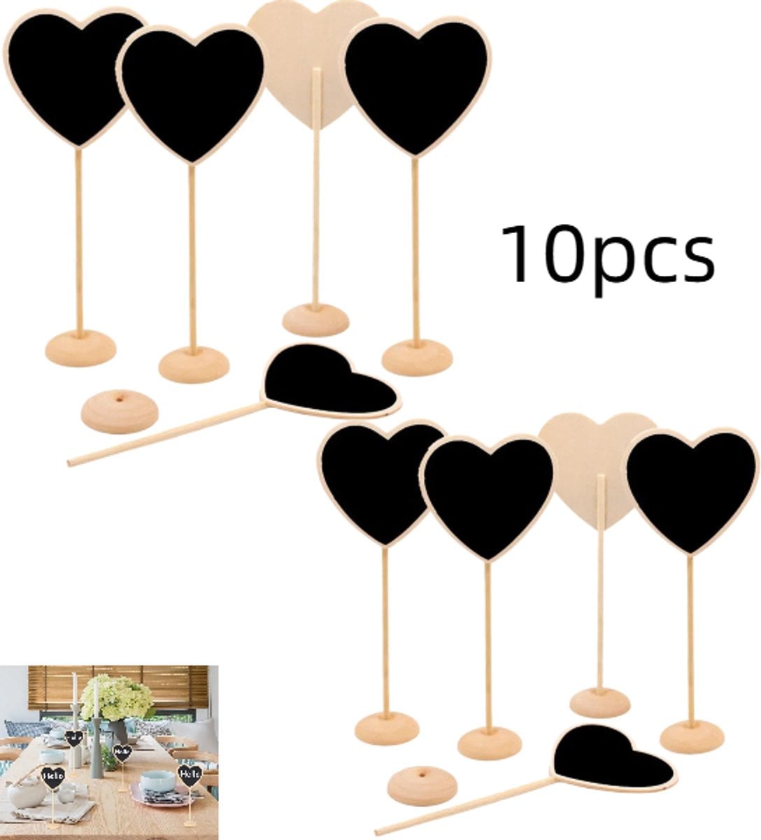 10 stuks Mini houten hartvormige schoolbordjes - Zwart - 18,2 x 7,6 cm