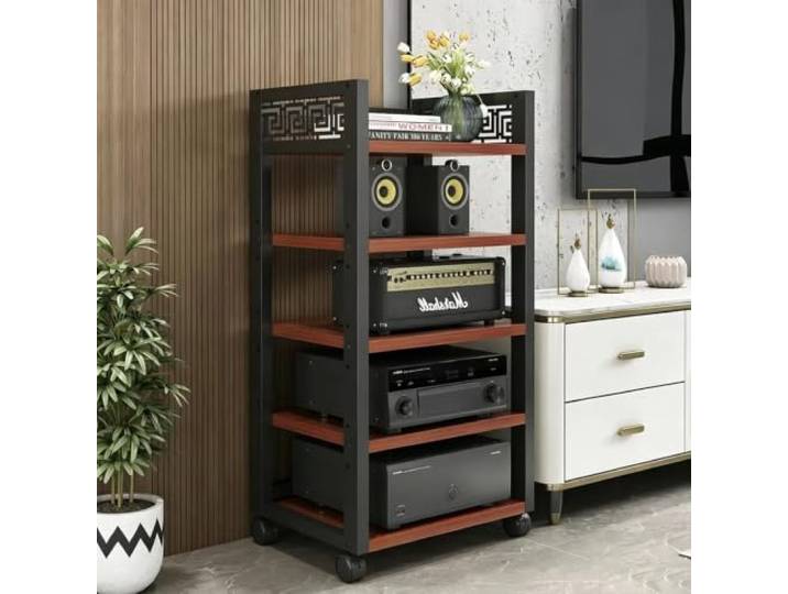 Mehrstufiger AV-Medienschrank, fahrbares Stereo-Regal für Audioanlagen 4-stufig verstellbare Böden, stabiler Holz-Metall-Aufbau, leichtlaufende Rollen(Teak,19.7x15.7x42.5in)