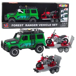 Geländewagen-Set mit Abschleppwagen und Motorrad, Lichter und Geräusche, Grün