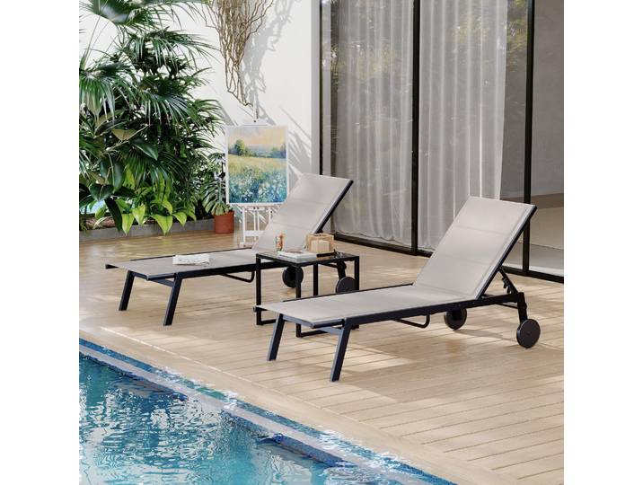 Chaises longues en textile avec table d'appoint, ensemble de 3 chaises longues d'extérieur avec roulettes, chaise longue de piscine à dossier réglable sur 5 niveaux