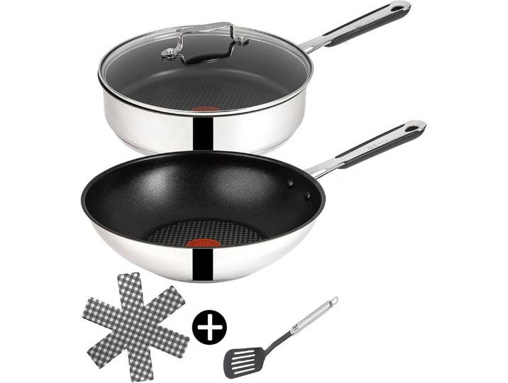 Tefal Pfannen-Set Jamie Oliver E76 Schmorpfanne mit Deckel 25cm + Wok pfanne 28cm Set8, Edelstahl 18/10 (Pfanne, Bratpfannen Set, Pfannenset, Wok, Wokpfanne, Schmorpfanne, Pfannen Inkl. 1 Wender & Filzschoner), Antihaftbeschichtet