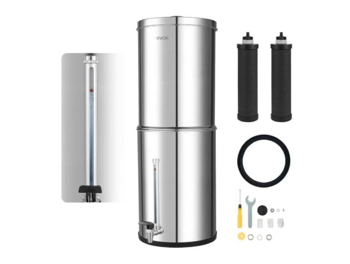 VEVOR Système de Filtration d'Eau par Gravité 12\,3 L Filtre à Gravité Inox\, Pour Camping\, Fontaine Filtrante Réduction du Plomb et Jusqu'à 99% du Chlore\, 2 Cartouches au Charbon Actif\, Niveau d'Eau