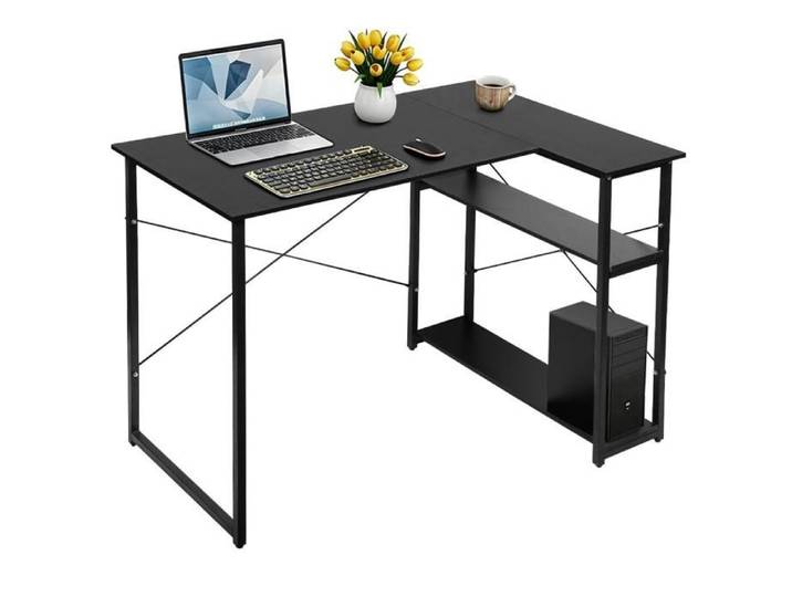 Bureau gaming en forme L-MENGDA-Bureau d'angle avec etagères rangement-Noir-100*75*70cm
