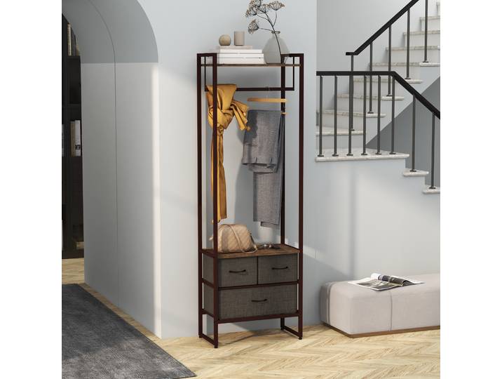 HOMCOM Portant Vêtements 3 Tiroirs Tissu avec Étagères Marron
