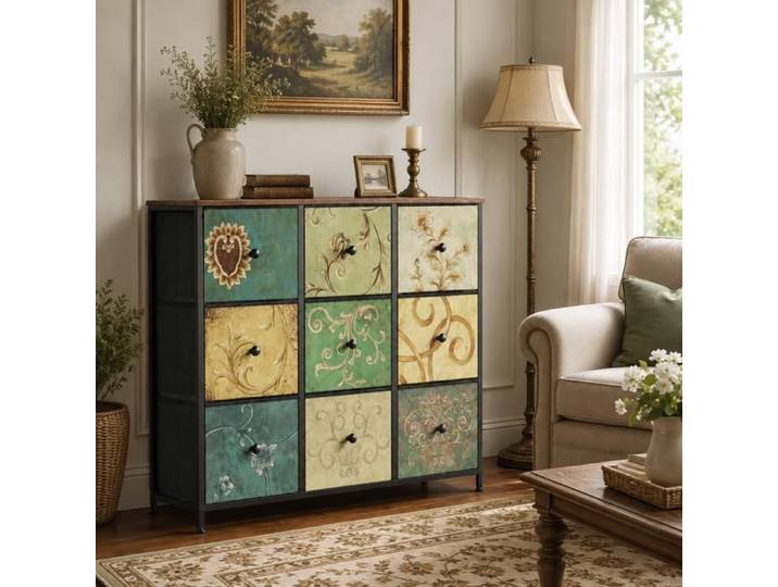 Commode Vintage 9 Tiroirs en Tissu avec Motifs Floraux Commode de Chambre Structure Acier et MDF 100x30x86.5cm pour Chambre Salon