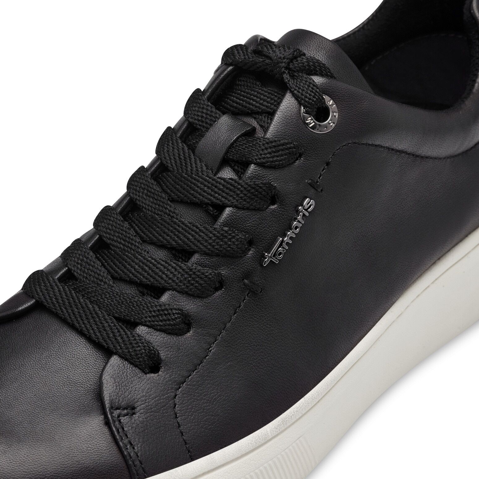 Plateausneaker TAMARIS, Damen, Gr. 42, Synthetik Textil, schwarz, Leder, schimmernd, unifarben, Basic, Schuhe Plateausneaker, Freizeitschuh, Halbschuh, Schnürschuh mit Wechselfussbett schwarz 42, Synthetik Textil
