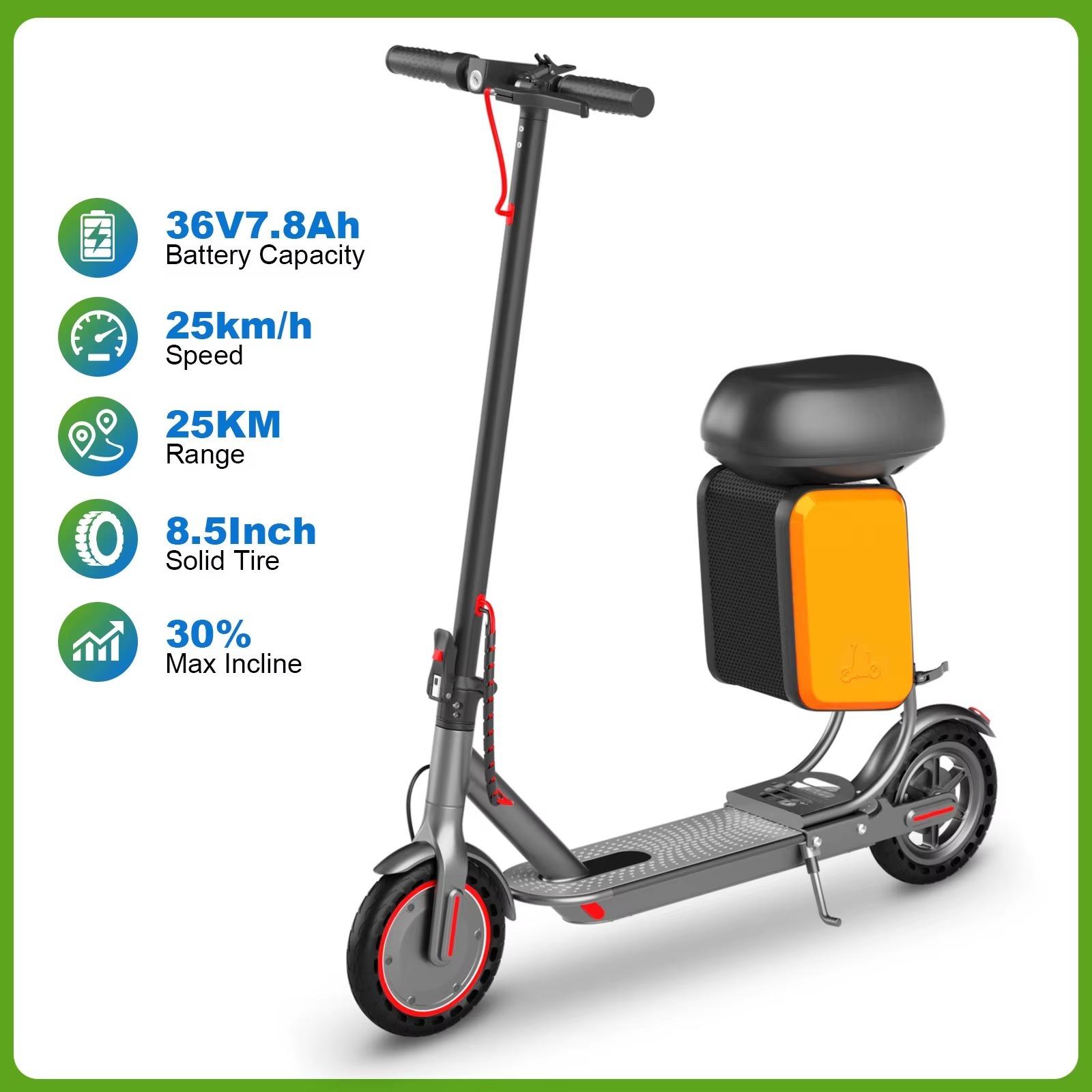 Elektrischer Tretroller für Erwachsene - EM01XB mit Sitz - 36 V 7,8 Ah Akku - Reichweite 25 km - Faltbar - Großer Aufbewahrungskasten - Bürstenloser Motor