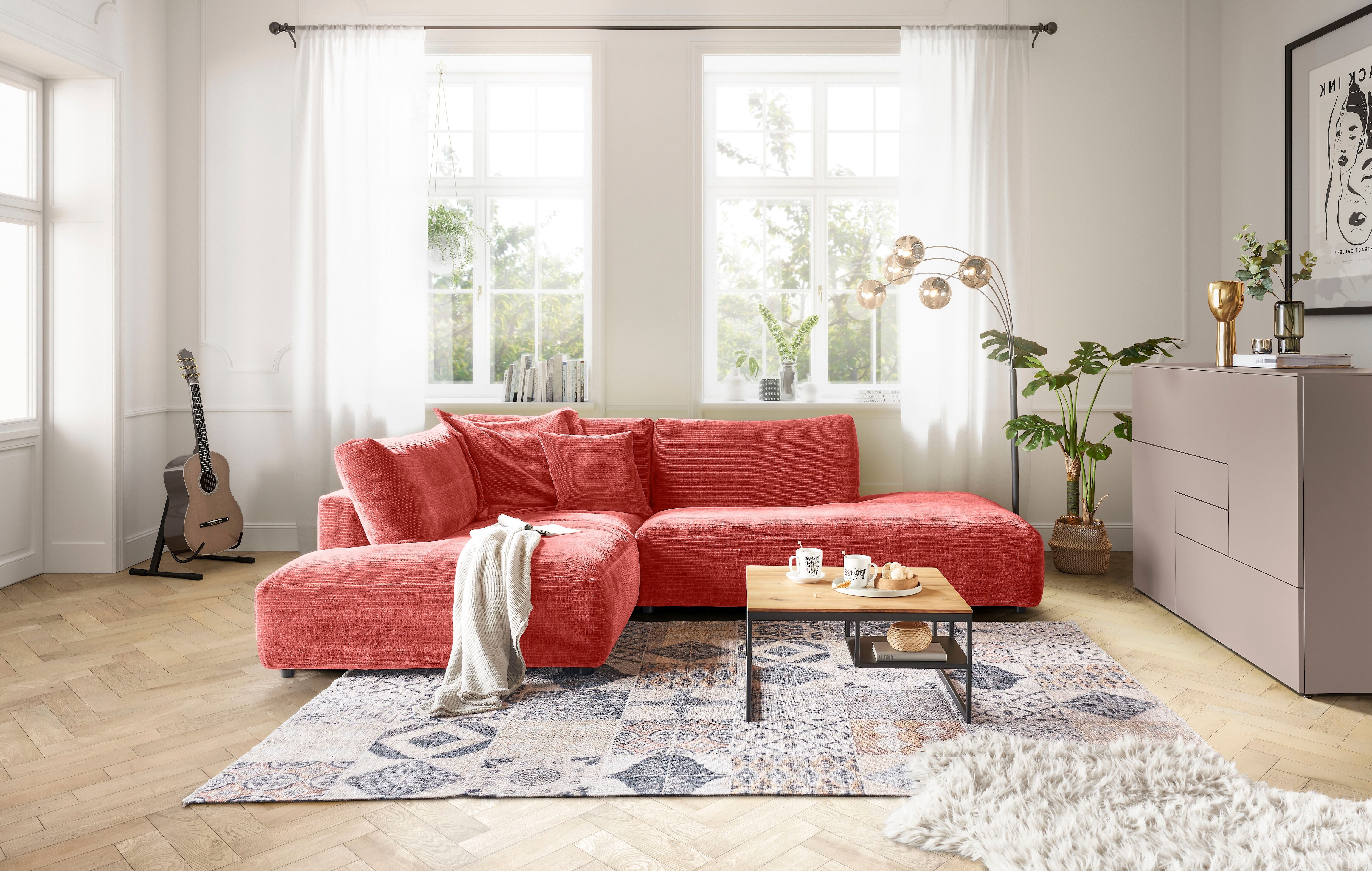 Ecksofa MUSTERRING "Lucia bequem, elegant & zeitlos, elegante Sofa ohne Armlehnen", orange (aperol), B:304cm H:81cm T:224cm, 100% Polyester, Sofas, Ecksofa, mit grossem Longchair, verschiedene Farben, B304 x T224 cm aperol B/H/T: 304cm x 81cm x 224cm, Che