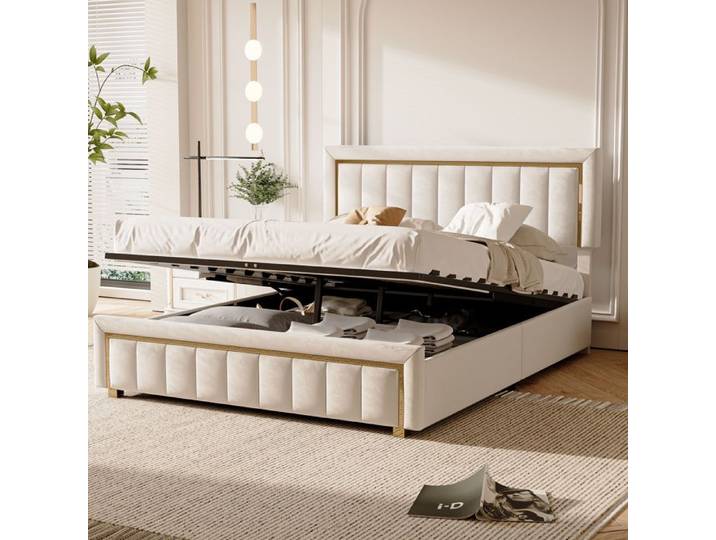 Lit coffre 160x200 cm - lit adulte capitonné - lit double avec lattes - lit 160x200 cm - structure de lit - beige