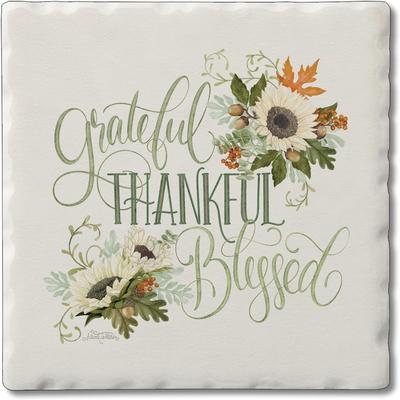 CounterArt Absorbent Stone Tumbled Tile Coasters, Grateful Thankful Blessed, Set of 4