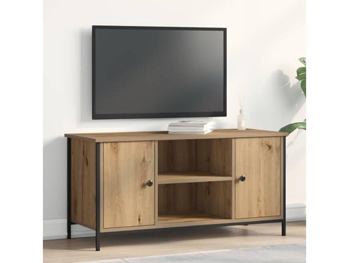 HEFZGDB TV-Schrank Artisan Eiche 100x40x50 cm Holzwerkstoff und Stahl mit Zwei großen Regalen - Moderner TV-Stand mit Stauraum für Mediengeräte und Deko - Robuster TV-Tisch