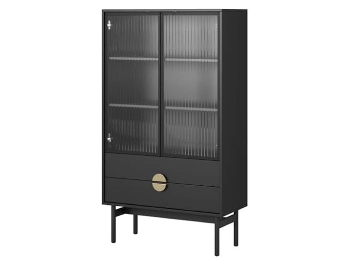 Selsey Vitrine Glas Vitrinenschrank Glasvitrine Wohnzimmer Glastür Niedrig 84 cm 2 Schubladen 3 Fächer Schwarz Stoon