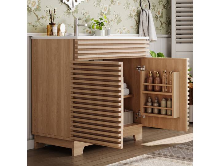 Lavabo autoportant 91x46x86,5 cm, meuble de salle de bain avec charnières à fermeture amortie, barres horizontales 3D et pieds de meuble hauts