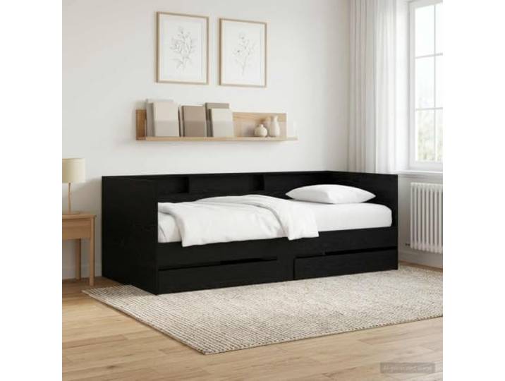 RJPLMFV Beistellbett mit Schublade, Eiche, Schwarz, Holz Ausziehbares Sofa, praktische Aufbewahrung, modernes minimalistisches Design, Lamellen im Lieferumfang enthalten