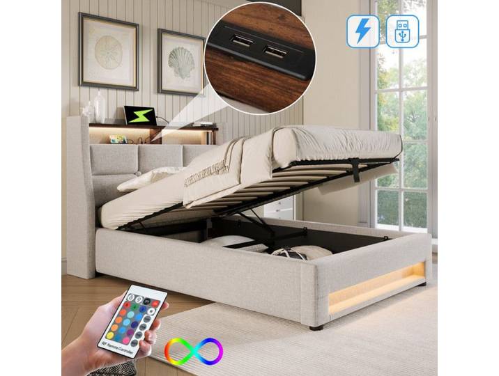 Lit simple 90x200 cm - Rembourré - USB - LED - Vintage beige