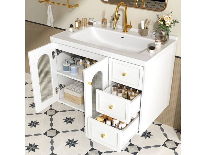 [avec lavabo en céramique] Arm[avec lavabo en céramique] Armoire de salle de bain multifonction flottante de 80 cm panneau en MDF