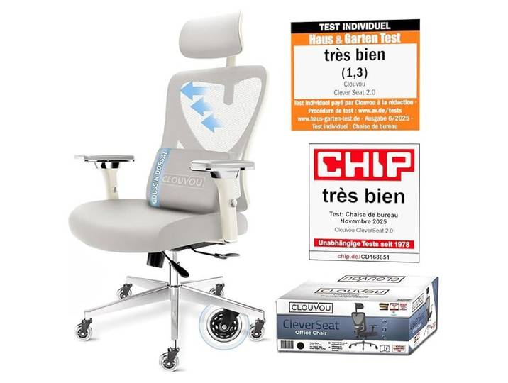 Chaise de bureau ergonomique CLOUVOU - CleverSeat - Fauteuil de Bureau - coussin orthopédique - dossier inclinable - 150kg - Créme