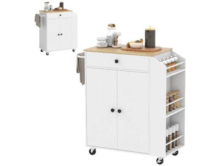 HOMCOM Îlot Central Cuisine Mobile avec Tiroir\, Placard à2 Portes Blanc Desserte Cuisine\, Étagère Réglable\, Barre à Serviettes\, Étagères à Épices\, pour Salle à Manger