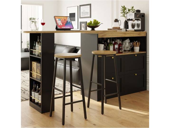 Ensemble table et chaises de bar avec 1 Table Îlot et 2 Tabourets - MODENVIE - Rangement - MDF et Métal - Noir