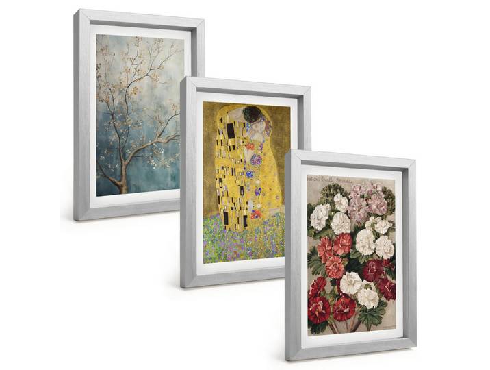 Tulup Bilder SET 3er Set - 20x30 cm Silberner Rahmen - Blumen des Baumes (Gemälde von Klimt), Silberfarben, Kunststoff, Rechteckig, 20x30 cm, einfache und schnelle Anbringung, Bilder & Rahmen, Bilder
