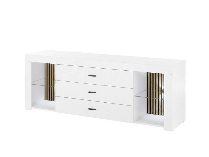 PREISBRECHER Lowboard Rosalie, inkl. Beleuchtung, weiß, Evoke Eiche Dekor - 179x67x44cm (BxHxT)