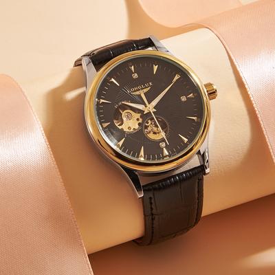 Fashion Sheath Automatic Skeleton Mechanical Watch For Men With Roman Numeral Dial medium Gold Black