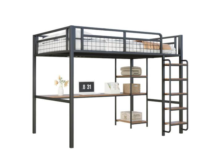 Modfu Hochbett aus Metall 140x200 cm in Schwarz mit Tisch & Regalen, 140x200 cm, Babymöbel & Kindermöbel, Kinderzimmer & Jugendzimmer, Kinderbetten, Hochbetten