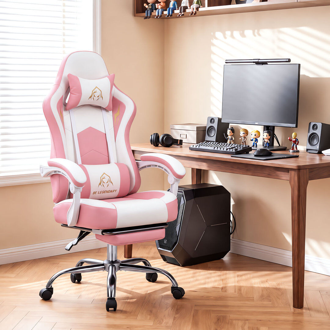 CHAIRER Ergonomic Gaming Chair with Footrest, Linkage Armrests and Faux Suede or Faux Leather Faux Leather/Pink 122.5cm H X 64cm W X 61cm D