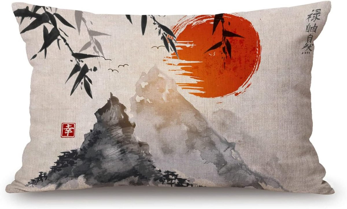 Decoratieve Rechthoekige Kussensloop met Japans Natuurlandschap en Bamboe Print