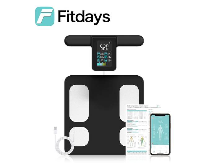 Fitdays Balance de graisse corporelle à 8 électrodes, balance de salle de bain numérique à 8 électrodes pour le poids et la graisse corporelle, IMC, masse musculaire 28 indice corporel