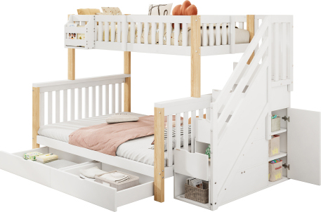 Kinder-Etagenbett 140x200 cm ohne Matratze Weiss + Naturbelassen Doppelbett multifunktionales Kinderbett Ablagekorb Schublade Treppenschrank