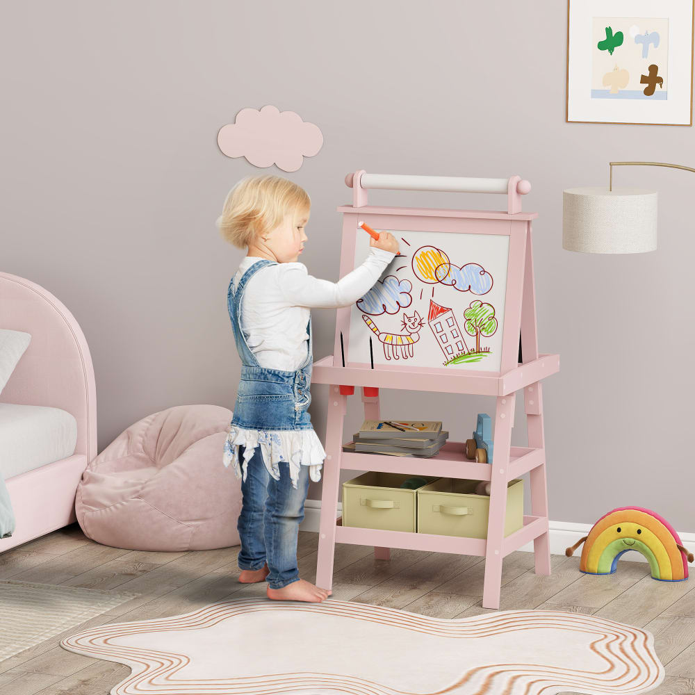 AIYAPLAY Tableau chevalet enfant double face bois rose Rose 59x118x48cm