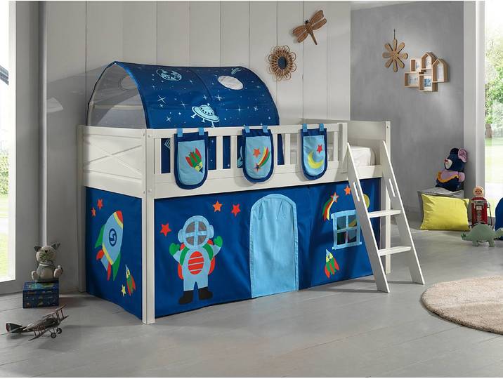 Spielbett 90 x 200cm Weiß/Dunkelblau mit Taschen & Tunnel/mit Vorhang