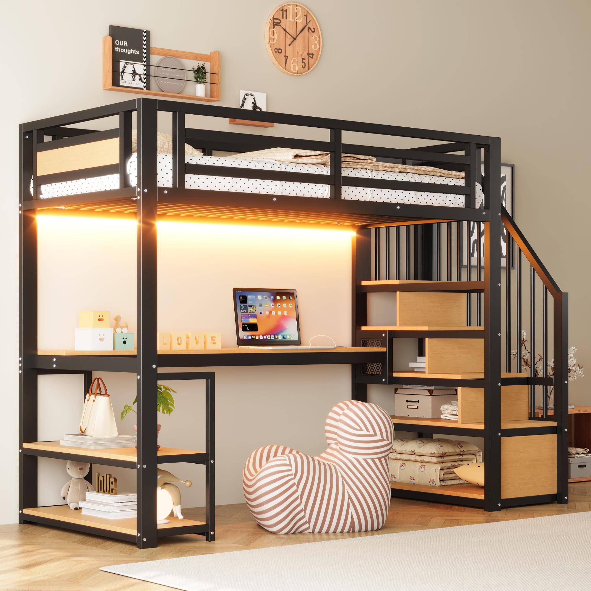 Merax Etagenbett Hochbett 90×200cm mit LED und Stauraumtreppe, Kinderbett mit Steckdose und Sicherheitszaun, Metallbett mit Regale und Tisch, Schwarz