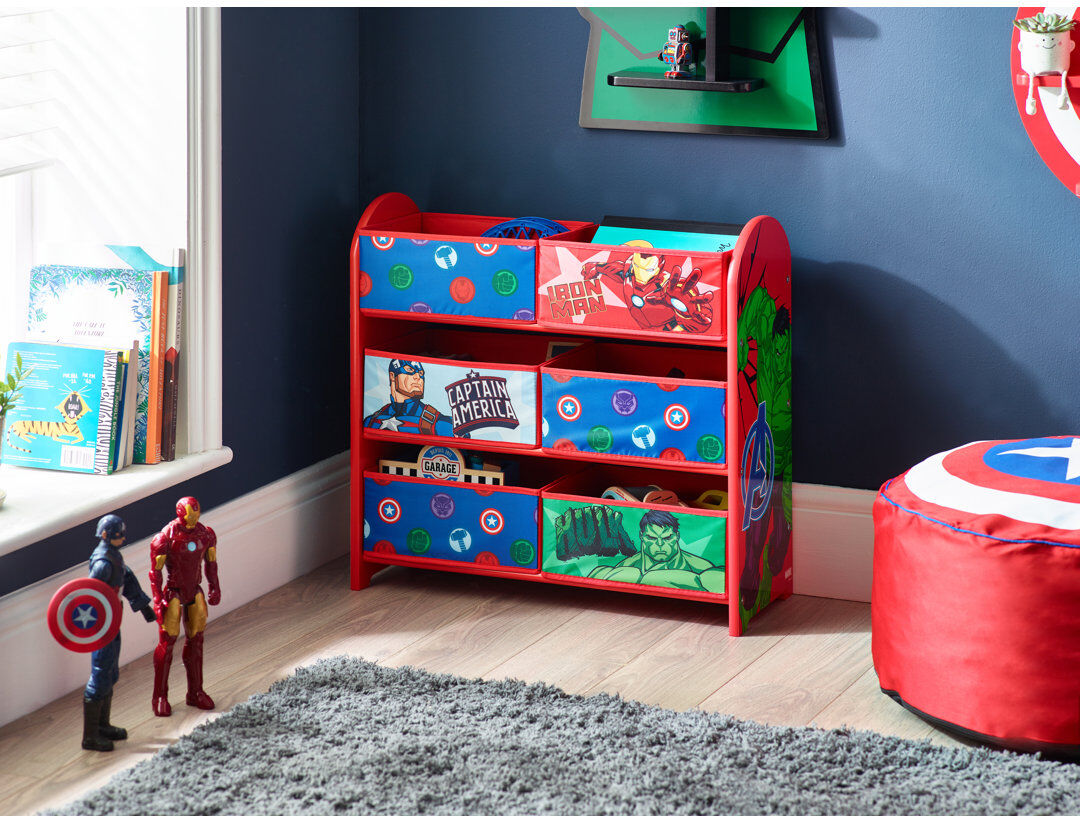 Disney Marvel Avengers Toy Storage Unit: 6-Box Organizer for Bedroom - Made from Engineered Wood/Fabric/Metal - Easy Assembly and Clean Up Red;Green;Blue 60cm H X 63.5cm W X 25cm D