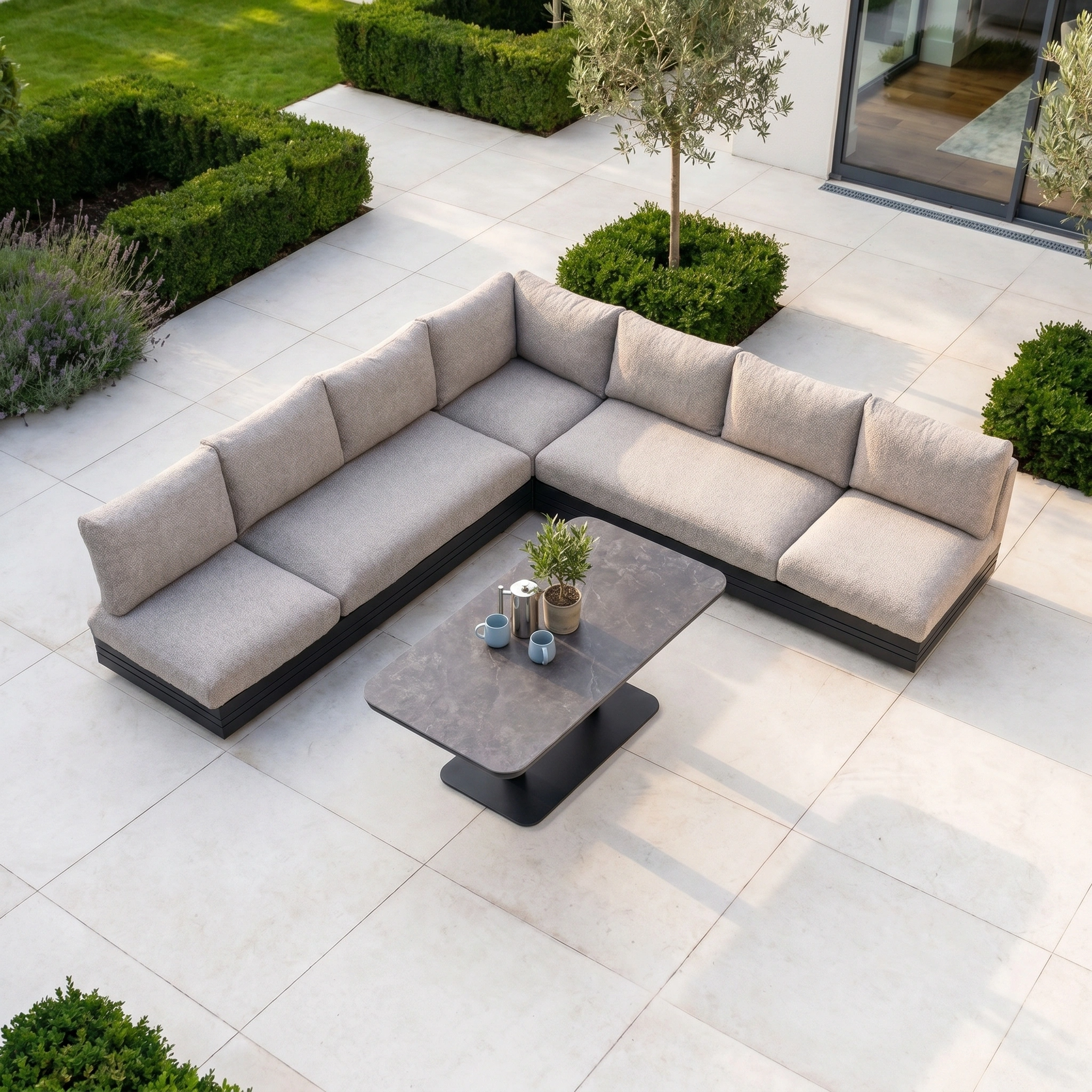 Harbour Lifestyle Savona Luxury Outdoor Large Corner Sofa Set with Altura Rising Table in Truffle