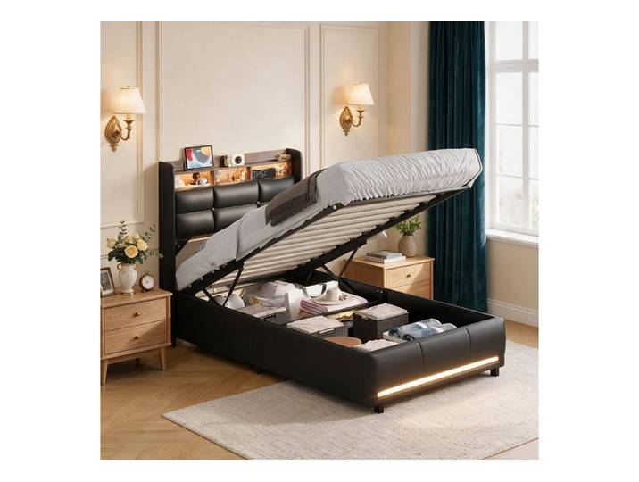 Simurq Stauraumbett Polsterbett 90x200 PU Schwarz, Stauraumbett mit LED, USB, Lattenrost