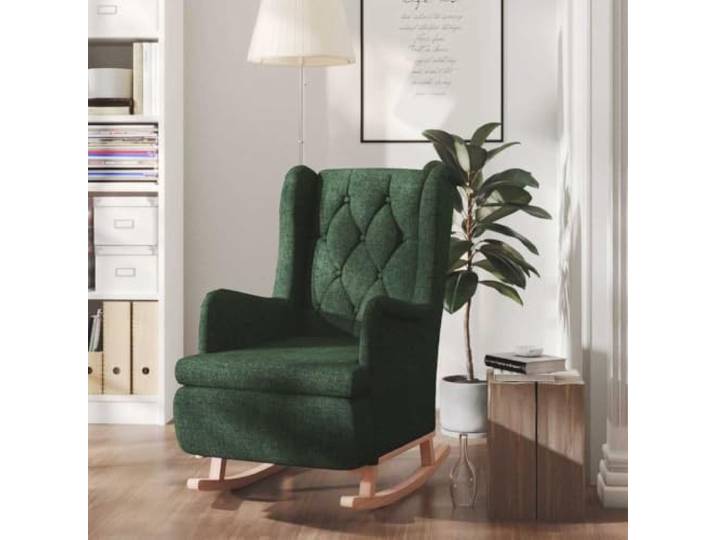 WHOPBXGAD Kautschukholz Schaumstoffpolsterung Zierknöpfe Design Dunkelgrün Schaukelsessel mit Kautschukholz-Beinen Dunkelgrün Stoff, bequemer Schaukelstuhl mit Schaumstoffpolsterung, stabile