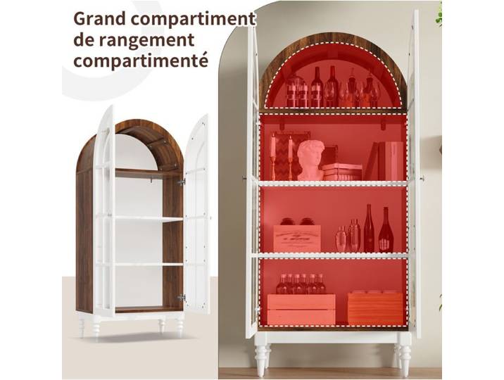 ULEVR Vitrine archee 2 portes en verre strie 165 cm blanc et aspect noyer 3 etageres