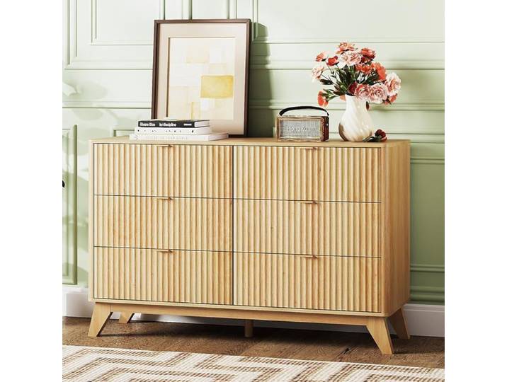 Commode 6 tiroirs - ALIGHTUP- design scandinave sur pieds Façade à Lamelles 110x35x75 cm Chêne