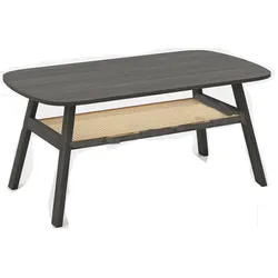 COSTWAY Holz Couchtisch, Wohnzimmer Tisch mit Rattan Regal, Beistelltisch, 2 Ebenen, rustikaler Couchtisch