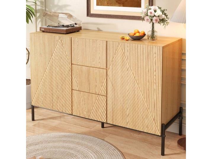 Buffet-bahut moderne géométrique 2 portes 1 tiroir meuble rangement salon 115.5x40x76cm Naturel