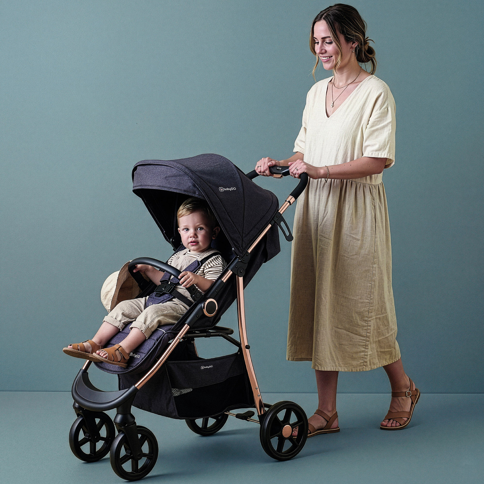 Kombi-Kinderwagen BABYGO "Style - 3in1", Baby, schwarz (rosegold, schwarz), Kinderwagen Kombi-Kinderwagen, inkl. Babyschale mit Adaptern u. Wickeltasche