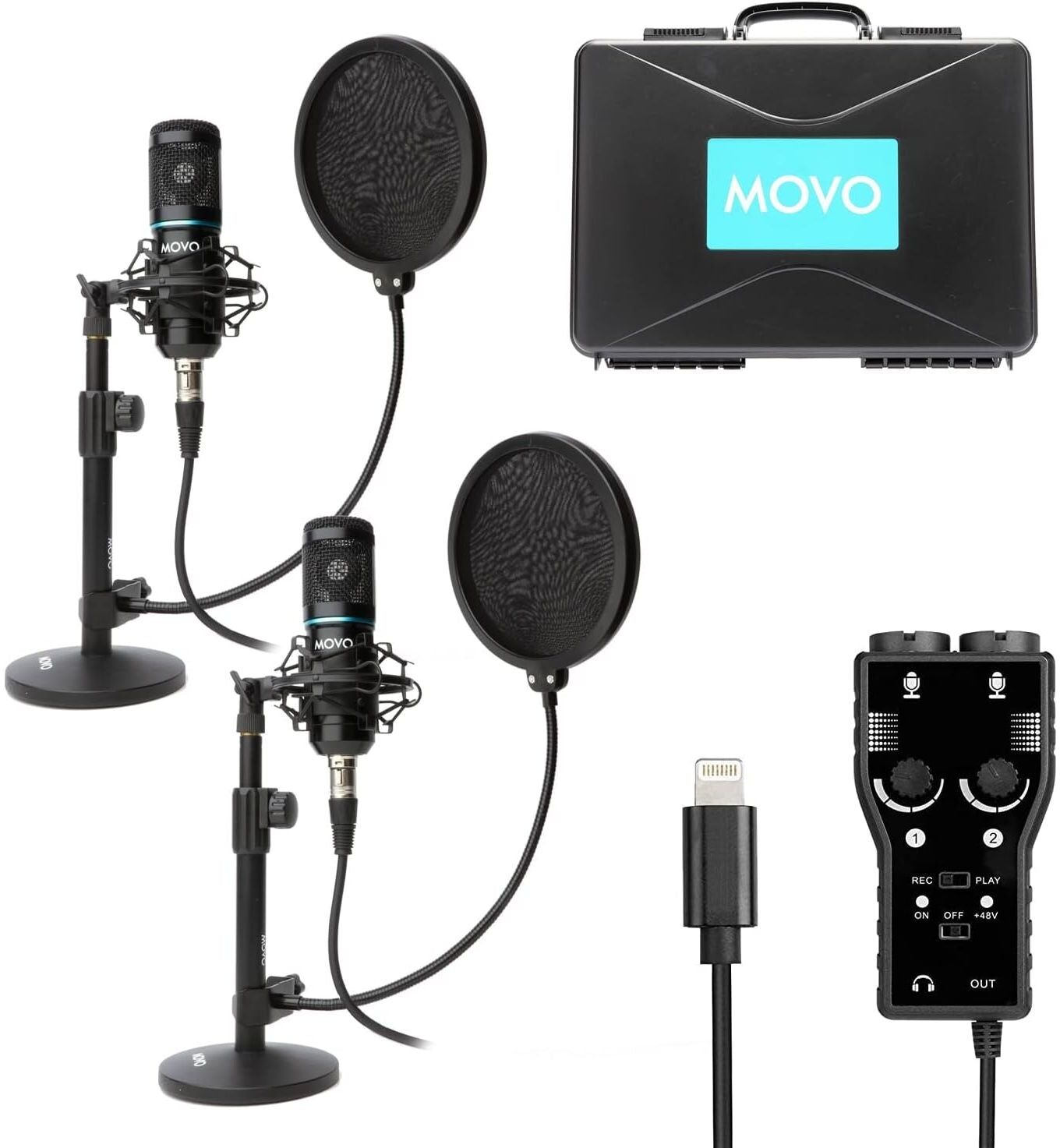 ECLAT Tech Ltd Movo Smartphone Podcast Recording Microphone Kit for iPhone & iPad – 2 Condenser Microphones, 2 Desktop Stands, 2 Pop Filters & 2-Channel XLR Interface with Lightning Output, New
