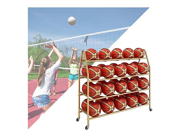 Basketball-Regal 4-stöckiges Ball Aufbewahrungsregal Regal Mit Rollen Ballwagen Aufbewahrung Platzsparend Metallregal Für Garagen, Vereine, Sportplätze(Gold,97CM)