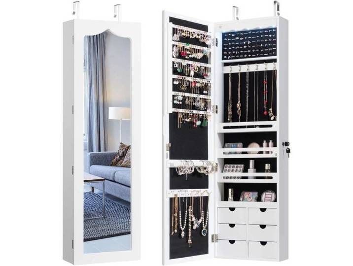 Armoire à Bijoux avec Miroir Murale - RELAX4LIFE - 5 Lumières Automatiques - 6 Tiroirs - Miroir Rangement Bijoux - Blanc