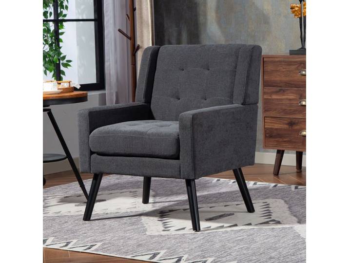 Fauteuil capitonné en tissu gris foncé - BEAUNIV - pieds en bois massif petits espaces montage facile