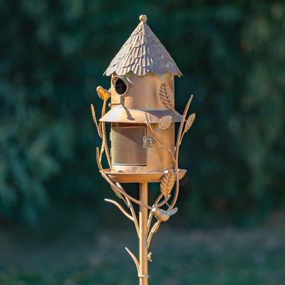 Zaer Ltd. Copper Birdhouse-Feeder Garden Stakes